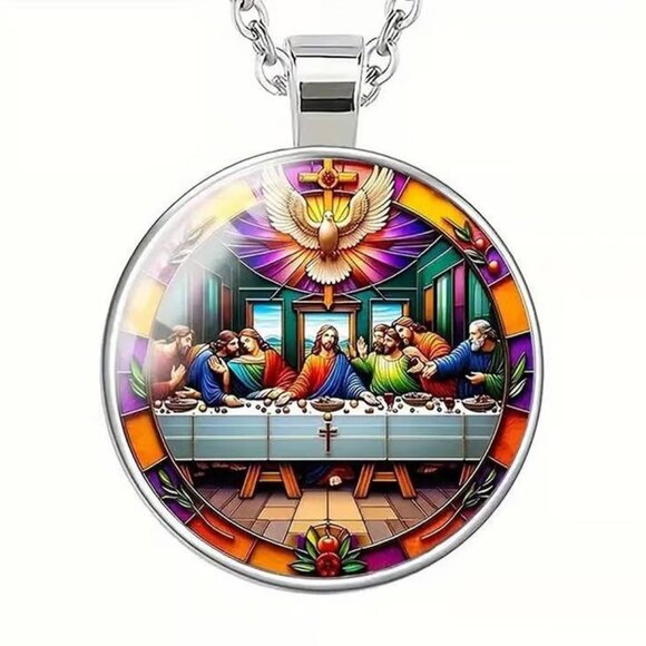 Independent Jewelry - Silver Lords Supper Religious Glass Cabochon Pendant Necklace